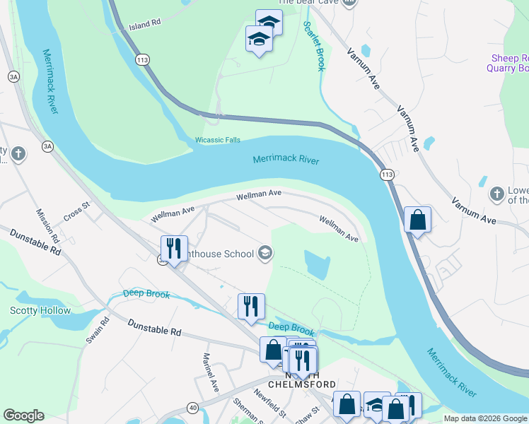 map of restaurants, bars, coffee shops, grocery stores, and more near 172 Wellman Avenue in Chelmsford