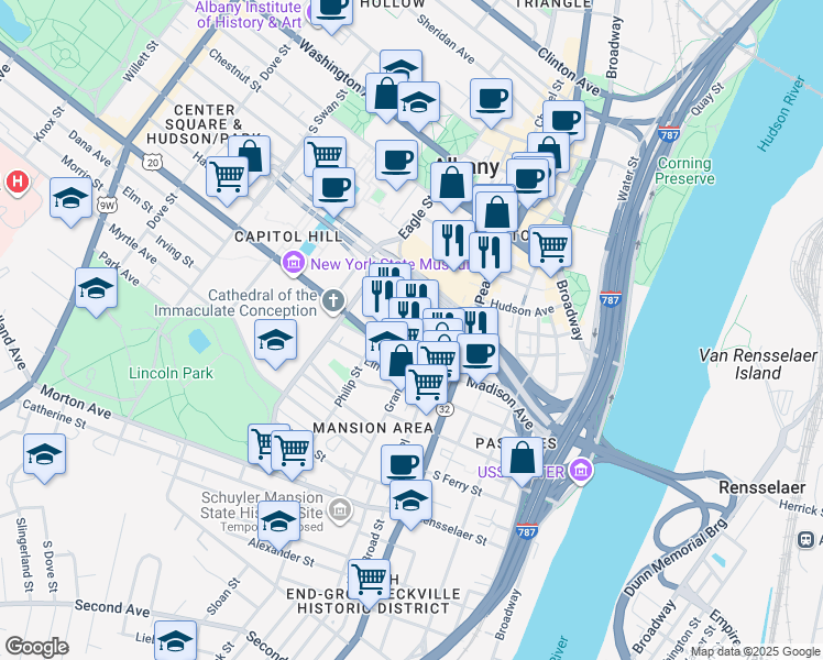 map of restaurants, bars, coffee shops, grocery stores, and more near in Albany