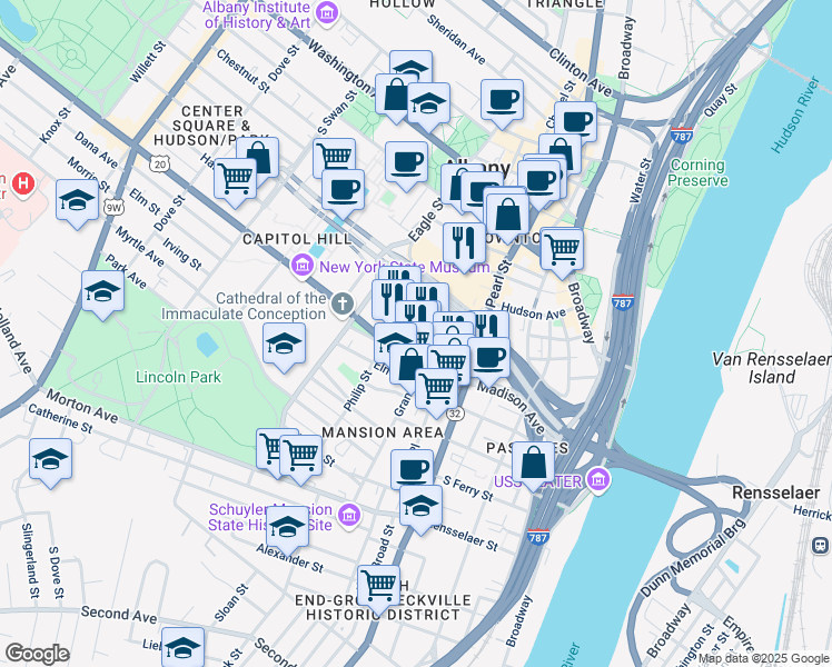 map of restaurants, bars, coffee shops, grocery stores, and more near in Albany