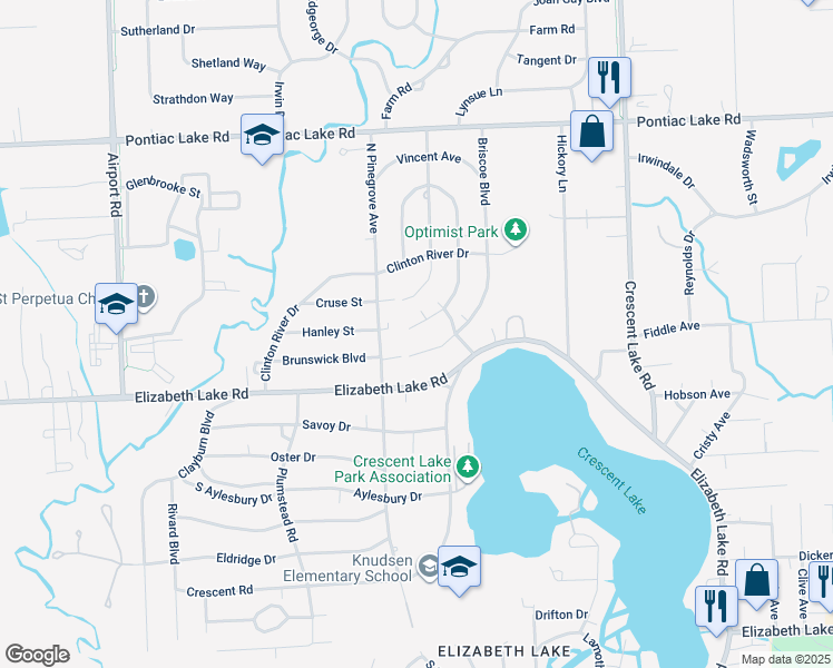 map of restaurants, bars, coffee shops, grocery stores, and more near 5466 Brunswick Boulevard in Waterford Township
