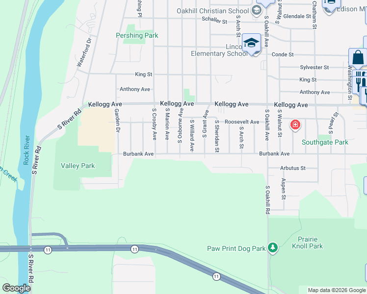 map of restaurants, bars, coffee shops, grocery stores, and more near 2403 Burbank Avenue in Janesville