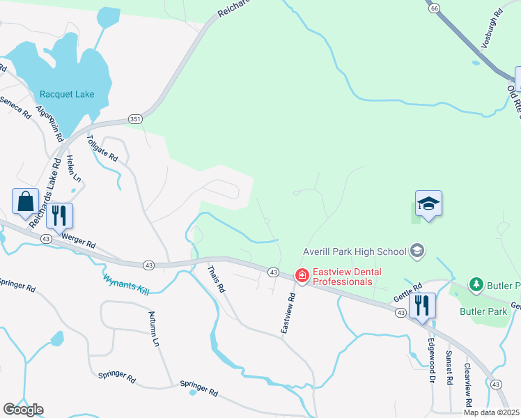 map of restaurants, bars, coffee shops, grocery stores, and more near 20 Westfall Court in Averill Park