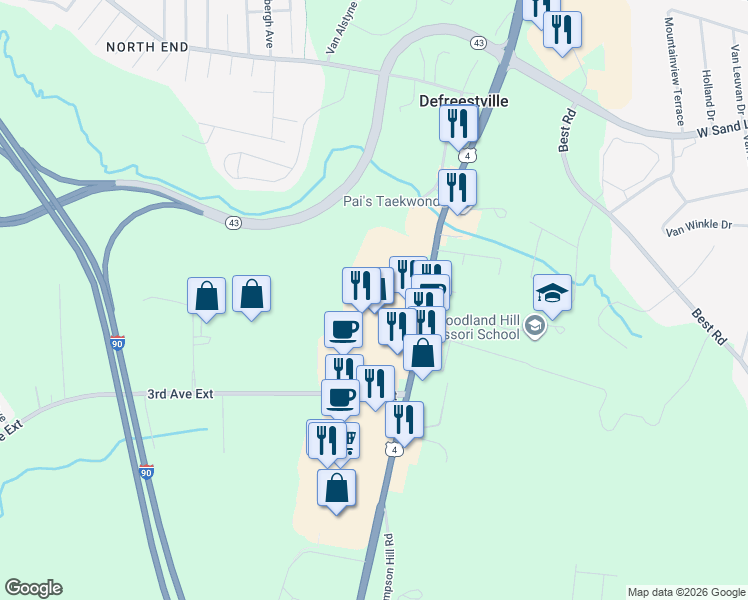 map of restaurants, bars, coffee shops, grocery stores, and more near 600 North Greenbush Road in Rensselaer