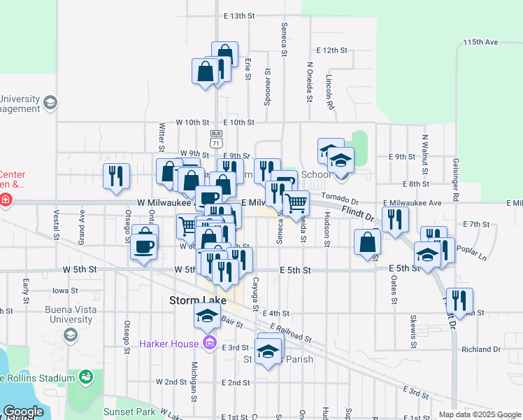 map of restaurants, bars, coffee shops, grocery stores, and more near 301 East 7th Street in Storm Lake