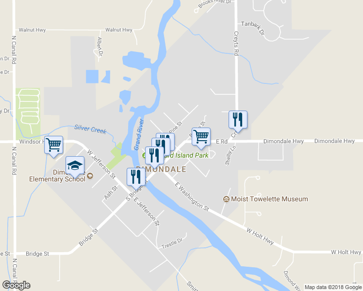 map of restaurants, bars, coffee shops, grocery stores, and more near 220 Bridge Street in Windsor charter Township