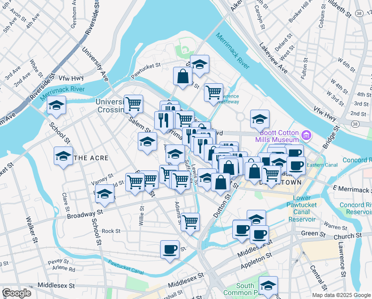 map of restaurants, bars, coffee shops, grocery stores, and more near 501 Salem Street in Lowell