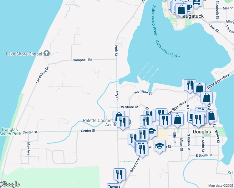 map of restaurants, bars, coffee shops, grocery stores, and more near 224 Ferry Street in Douglas
