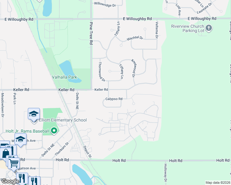 map of restaurants, bars, coffee shops, grocery stores, and more near 3909 Calypso Road in Delhi charter Township