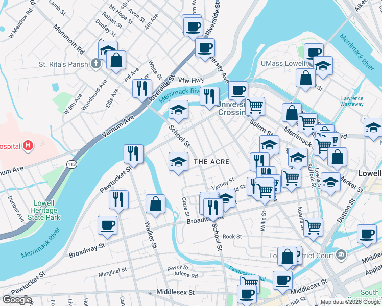 map of restaurants, bars, coffee shops, grocery stores, and more near 113 School Street in Lowell