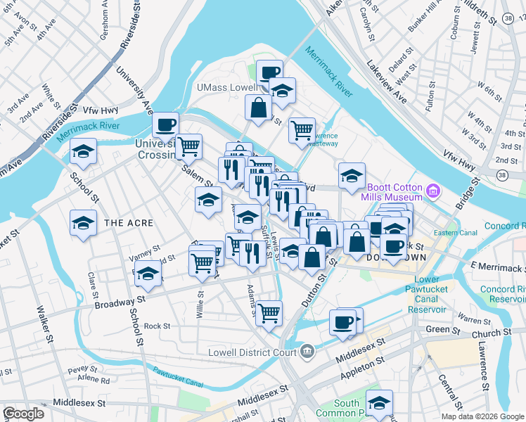 map of restaurants, bars, coffee shops, grocery stores, and more near 501 Salem Street in Lowell