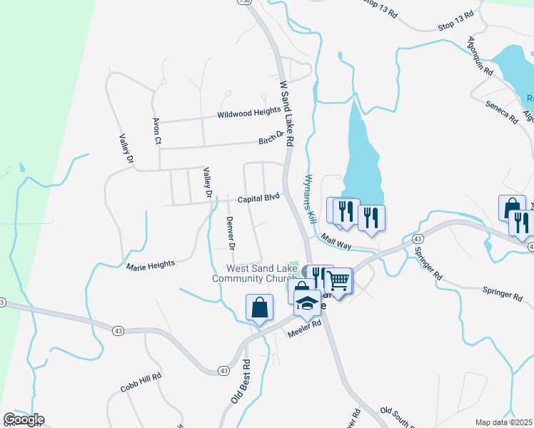 map of restaurants, bars, coffee shops, grocery stores, and more near 10 Fletcher Road in West Sand Lake