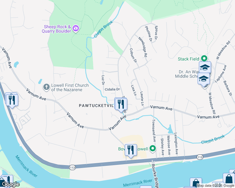map of restaurants, bars, coffee shops, grocery stores, and more near 4 Elizia Circle in Lowell