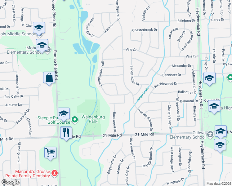 map of restaurants, bars, coffee shops, grocery stores, and more near 19379 Concetta Drive in Macomb