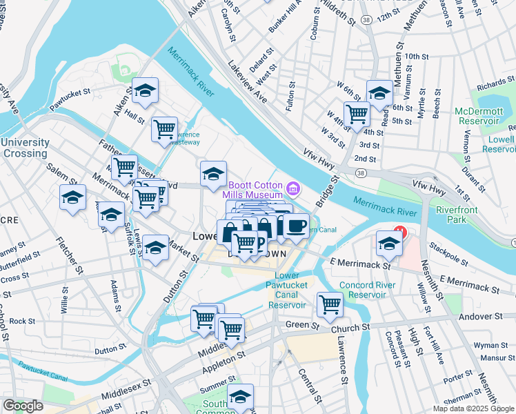 map of restaurants, bars, coffee shops, grocery stores, and more near 67 Kirk Street in Lowell