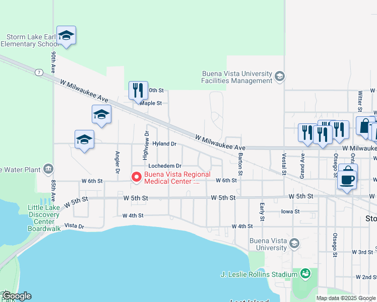 map of restaurants, bars, coffee shops, grocery stores, and more near 817 Hyland Drive in Storm Lake