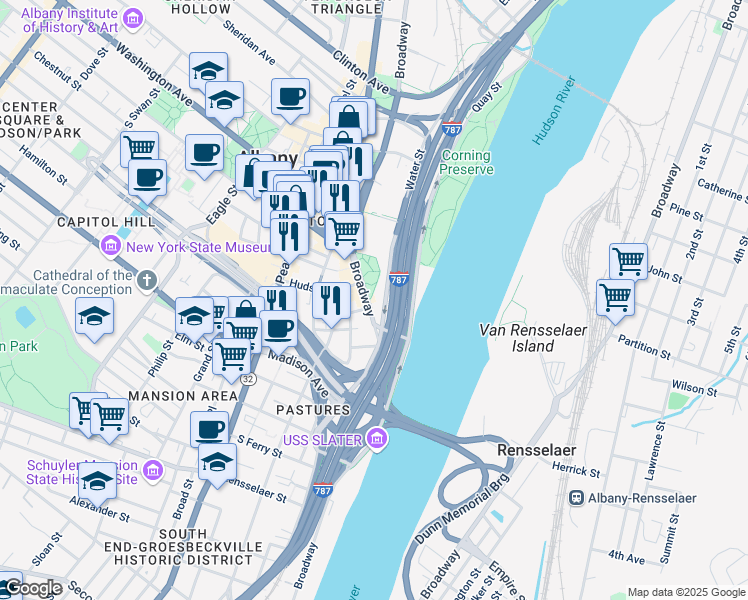 map of restaurants, bars, coffee shops, grocery stores, and more near 418 Broadway in Albany