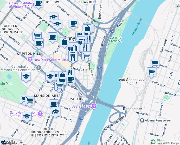 map of restaurants, bars, coffee shops, grocery stores, and more near 418 Broadway in Albany