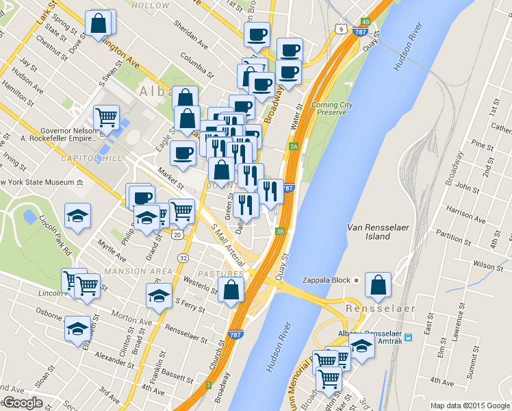map of restaurants, bars, coffee shops, grocery stores, and more near 418 Broadway in Albany