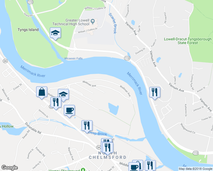 map of restaurants, bars, coffee shops, grocery stores, and more near 131 Wellman Avenue in Chelmsford