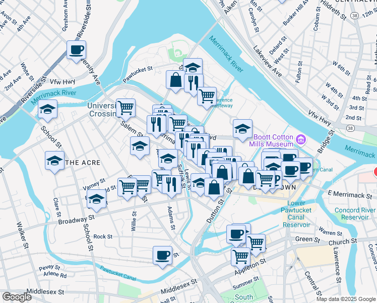 map of restaurants, bars, coffee shops, grocery stores, and more near Merrimack Street in Lowell