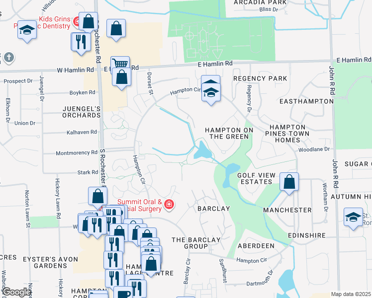 map of restaurants, bars, coffee shops, grocery stores, and more near 320 Woodside Court in Rochester Hills