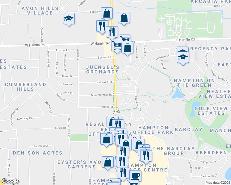 map of restaurants, bars, coffee shops, grocery stores, and more near S Rochester Rd & Hampton Blvd in Rochester Hills