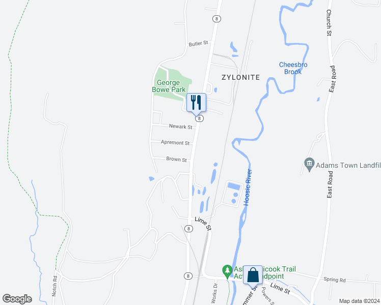 map of restaurants, bars, coffee shops, grocery stores, and more near 64 Howland Avenue in Adams