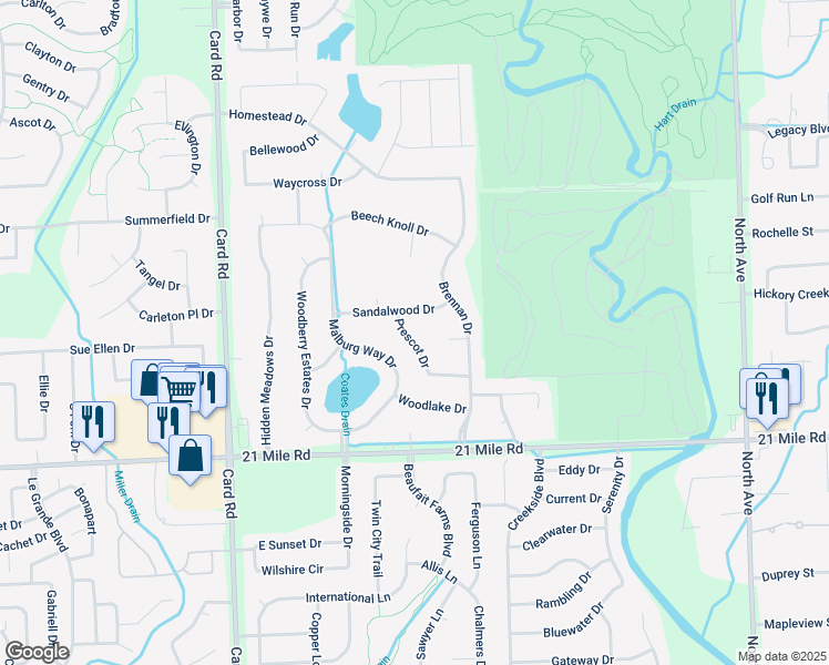 map of restaurants, bars, coffee shops, grocery stores, and more near 22277 Sandalwood Drive in Macomb