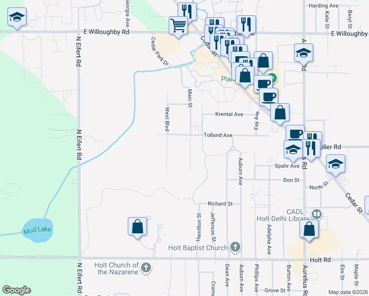 map of restaurants, bars, coffee shops, grocery stores, and more near 4777 Tolland Avenue in Delhi charter Township