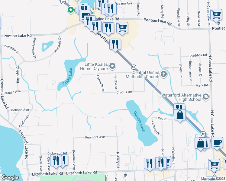map of restaurants, bars, coffee shops, grocery stores, and more near 735 Globe Street in Waterford Township