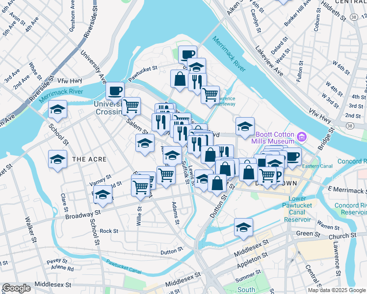 map of restaurants, bars, coffee shops, grocery stores, and more near 597 Merrimack Street in Lowell