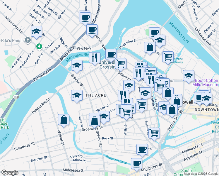 map of restaurants, bars, coffee shops, grocery stores, and more near 44 Bowers Street in Lowell