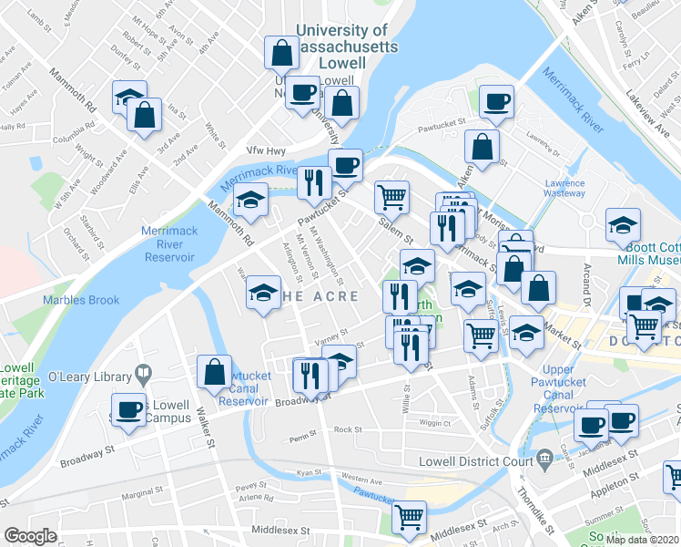 map of restaurants, bars, coffee shops, grocery stores, and more near 52 Mount Washington Street in Lowell