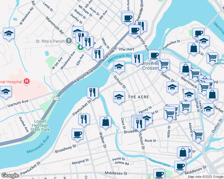 map of restaurants, bars, coffee shops, grocery stores, and more near in Lowell