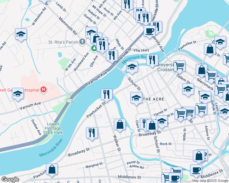 map of restaurants, bars, coffee shops, grocery stores, and more near 423 Pawtucket Street in Lowell