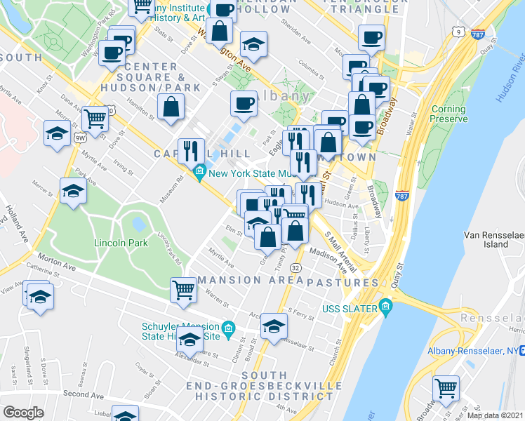 map of restaurants, bars, coffee shops, grocery stores, and more near 129 Hamilton Street in Albany