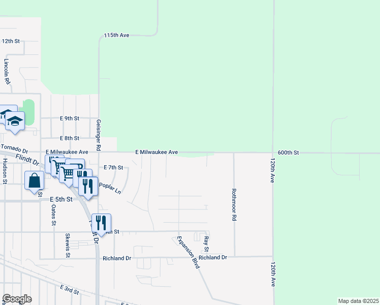 map of restaurants, bars, coffee shops, grocery stores, and more near 1506 East Milwaukee Avenue in Storm Lake