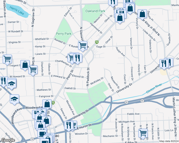 map of restaurants, bars, coffee shops, grocery stores, and more near 368 North Paddock Street in Pontiac