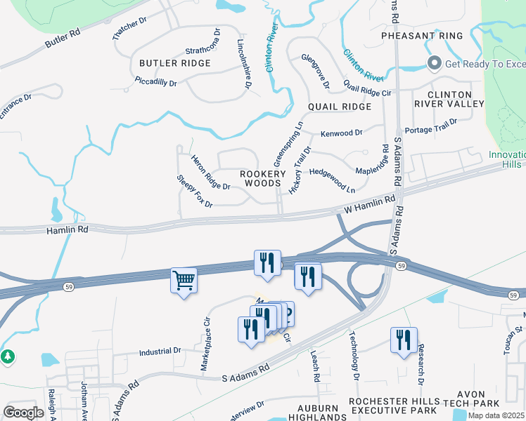 map of restaurants, bars, coffee shops, grocery stores, and more near 3482 Heron Ridge Drive in Rochester Hills