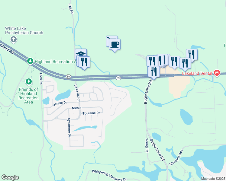 map of restaurants, bars, coffee shops, grocery stores, and more near 136 Denning Road in White Lake charter Township