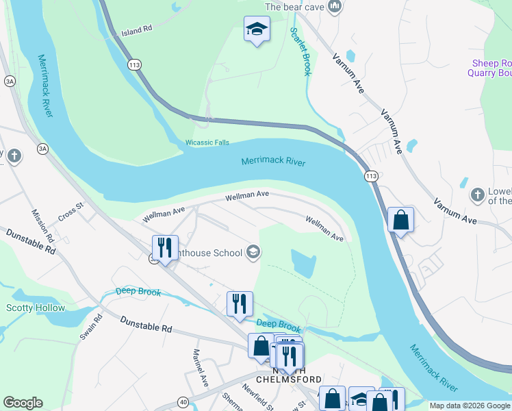 map of restaurants, bars, coffee shops, grocery stores, and more near 167 Wellman Avenue in Chelmsford