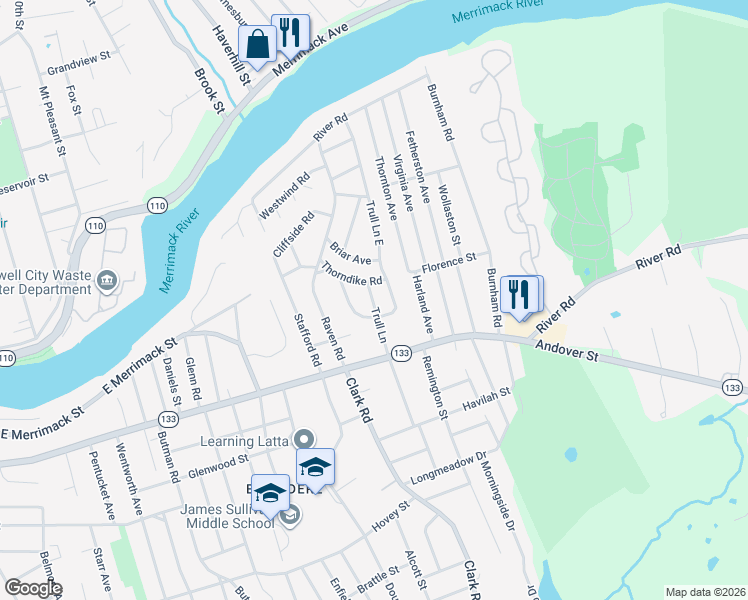 map of restaurants, bars, coffee shops, grocery stores, and more near 63 Trull Lane in Lowell