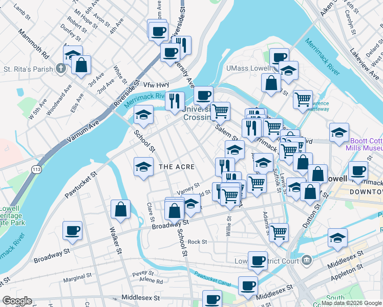 map of restaurants, bars, coffee shops, grocery stores, and more near 52 Mount Washington Street in Lowell