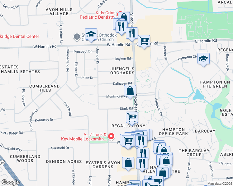 map of restaurants, bars, coffee shops, grocery stores, and more near 105 Kalhaven Road in Rochester Hills