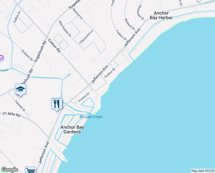 map of restaurants, bars, coffee shops, grocery stores, and more near 47291 Forton Street in New Baltimore