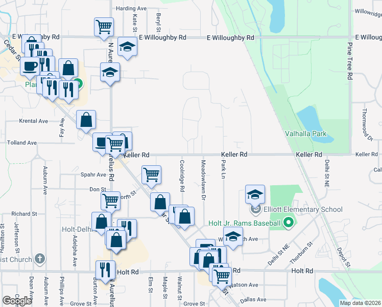 map of restaurants, bars, coffee shops, grocery stores, and more near 4348 Keller Road in Delhi charter Township