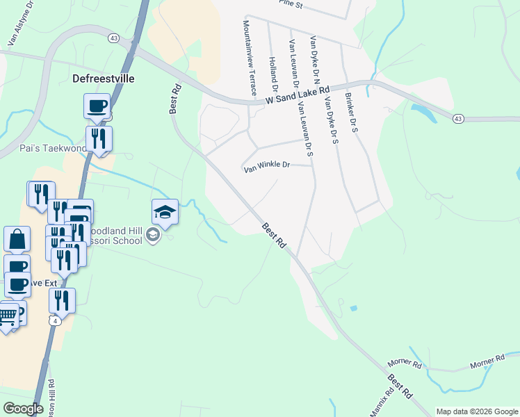 map of restaurants, bars, coffee shops, grocery stores, and more near 1 Mara Drive in Rensselaer