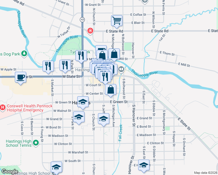 map of restaurants, bars, coffee shops, grocery stores, and more near 118 East Court Street in Hastings