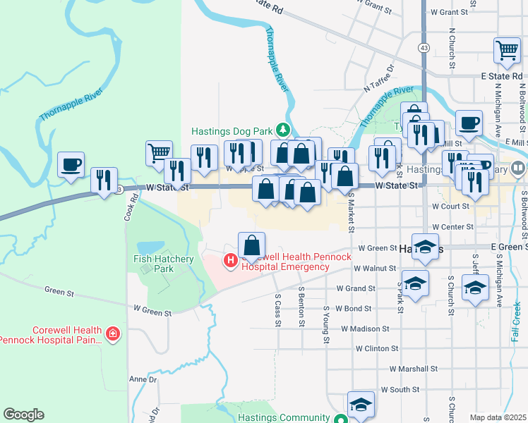 map of restaurants, bars, coffee shops, grocery stores, and more near 920 West State Street in Hastings