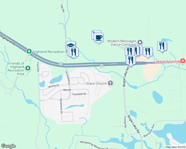 map of restaurants, bars, coffee shops, grocery stores, and more near 189 Abbey Boulevard in White Lake charter Township